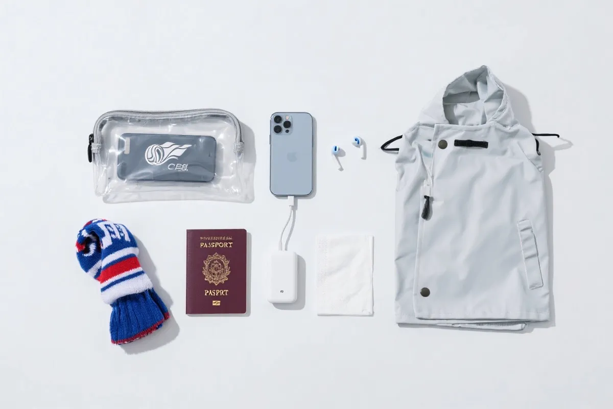 透明小包与比赛日必需品平铺清单，护照手机充电宝雨衣耳塞等