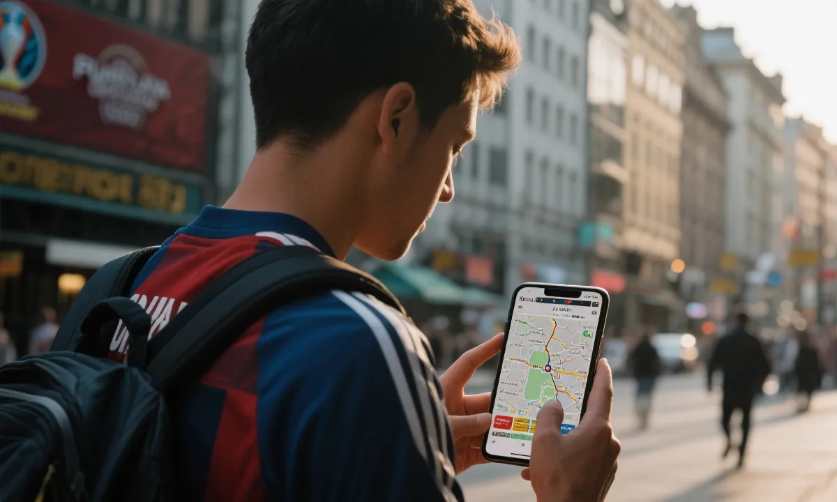 球迷在北美城市之间旅行，手持比赛日程与地图的插画风画面